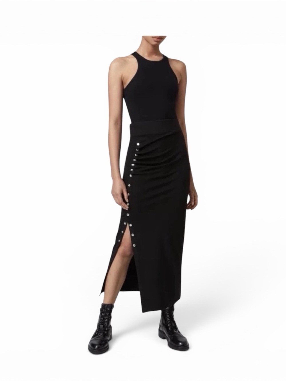 AllSaints Black Button-Front Midi Skirt Slit Size 4